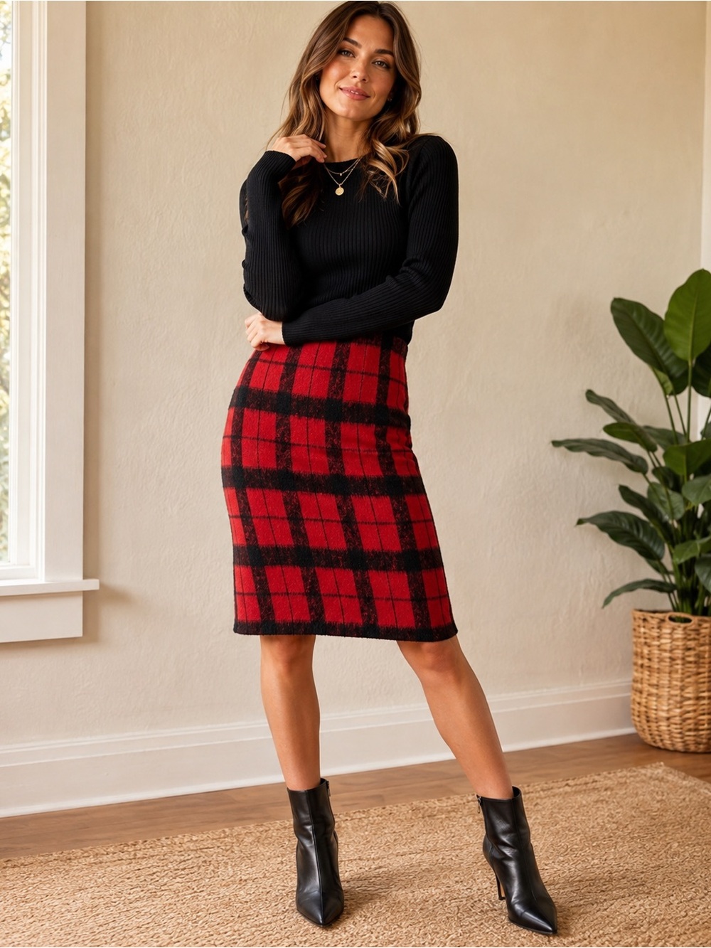 Talbots Red Black Windowpane Plaid Wool Blend Skirt 12W Lined Classic Career